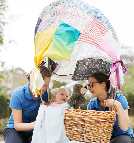 Little girl playing with toy hedgehog inside hot air ballon with two female students