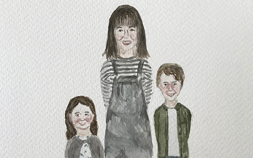 a drawing of a lady and two children