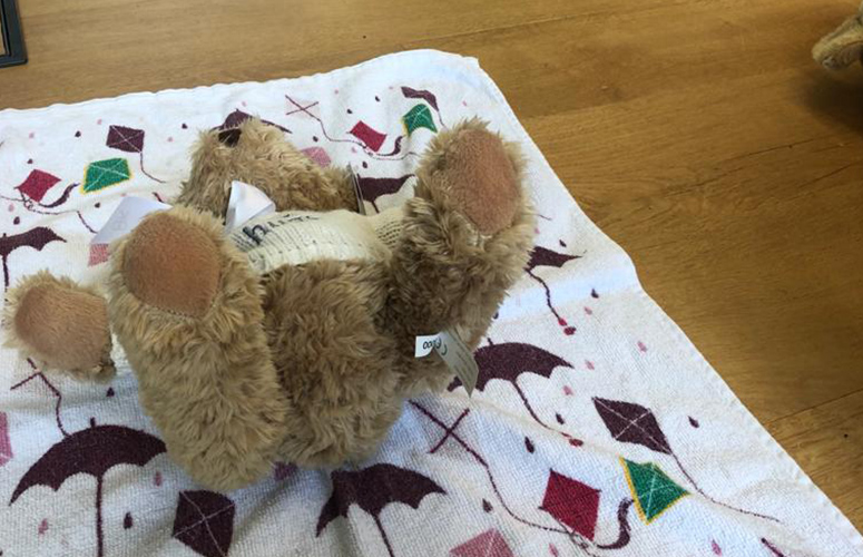 a teddy bear on a mat