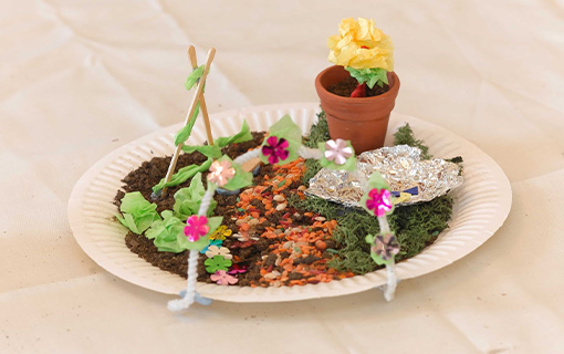 a plate with plants and flowers