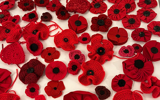 A wreath made of fabric poppies for Remembrance Day