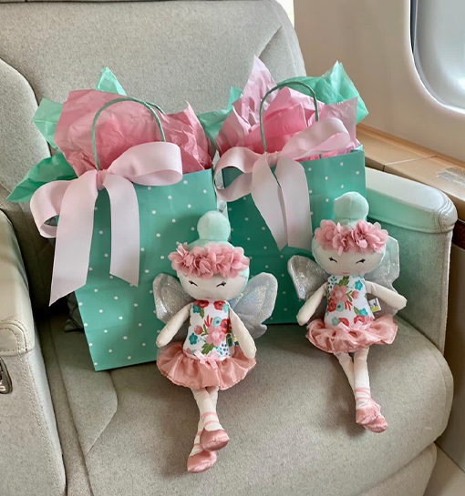 Some bags and dolls on a seat in an aeroplane