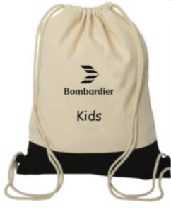 A bag with Bombardier's logo on it, with activities for children inside