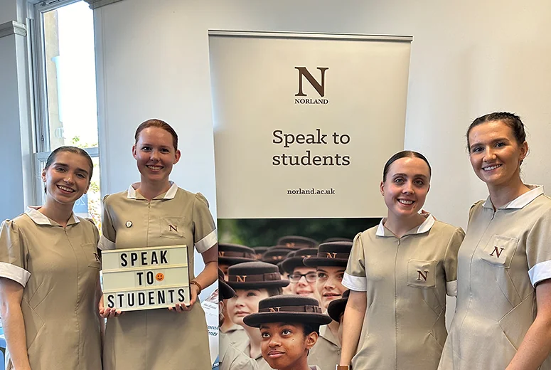 Norland students in the chat to students room at an open day at Norland's Oldfield Park campus