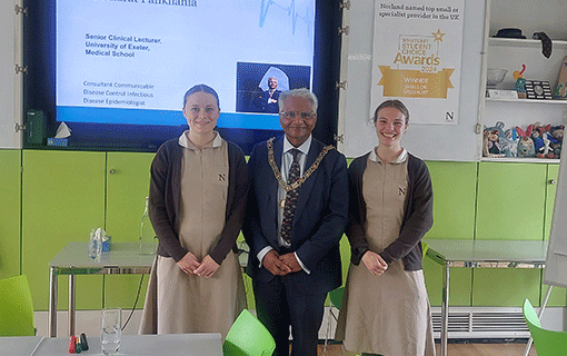 Mayor of Bath with two students during lecture at Norland